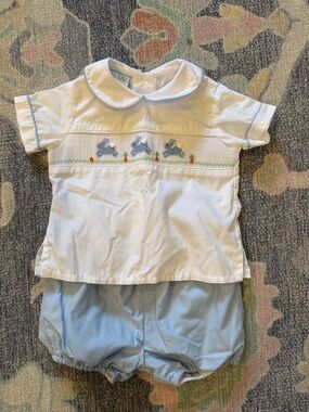 Classic Smocked Bunny Kids Matching Set in Light Blue by Unknown